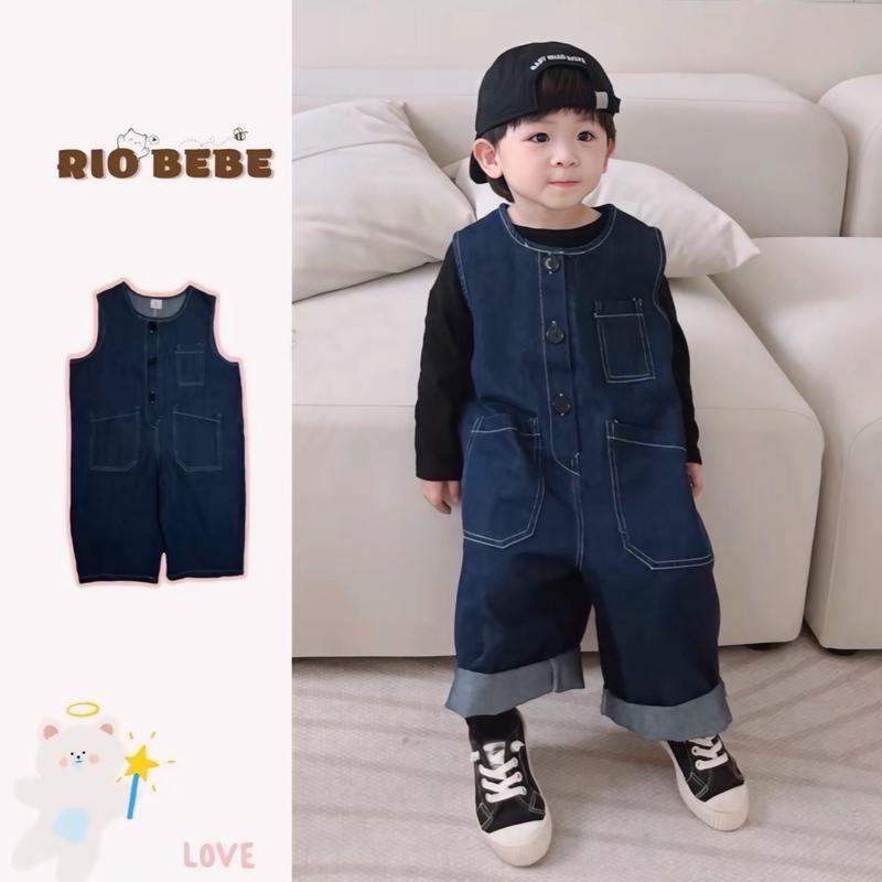   QCCC -RiO  Quần yếm dài denim - Jum bò sát nách dáng thụng rộng khuy cài phía trước Phong Cách Hàn cho bé -BD38 Kem 