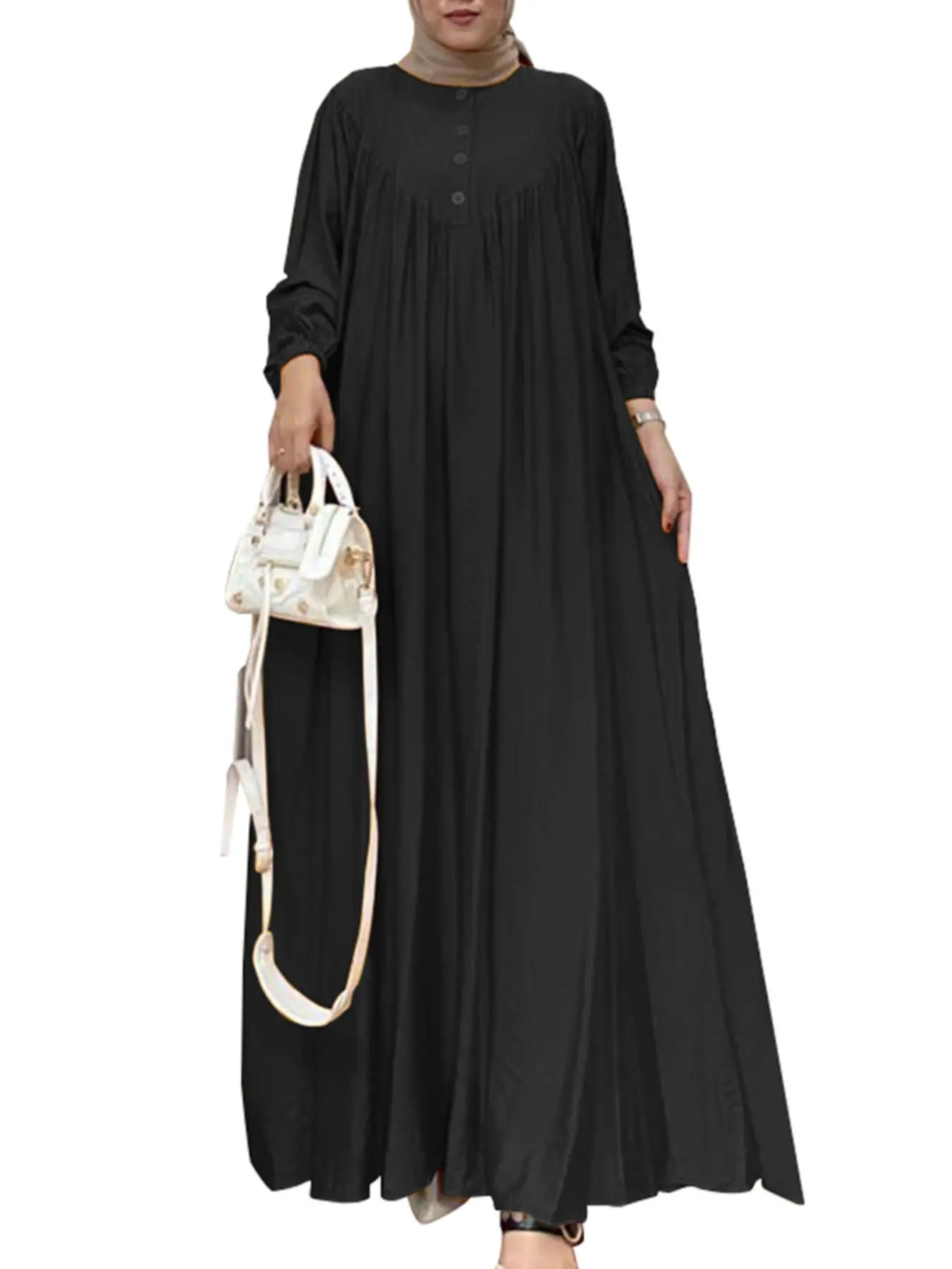 Women's Plain Plicated Button Loose Dress, Casual Modesty Bishop Sleeve Round Neck Long Dress for Fall & Winter, Women's Clothing for Daily Wear