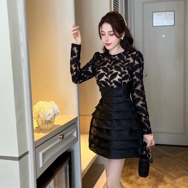 BIGSIZE 50-95KG VÁY REN DÁNG A TAY DÀI KIỂU DÁNG SANG TRỌNG D59 xếp ly phía trước
