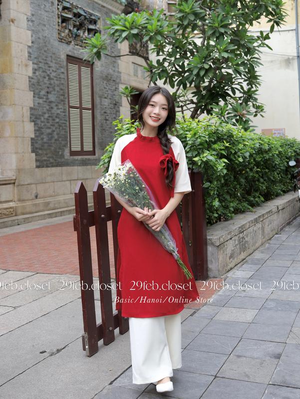  Set áo dài nhung tăm trơn kèm turban - 29feb.closet - S45 Nữ Kem 