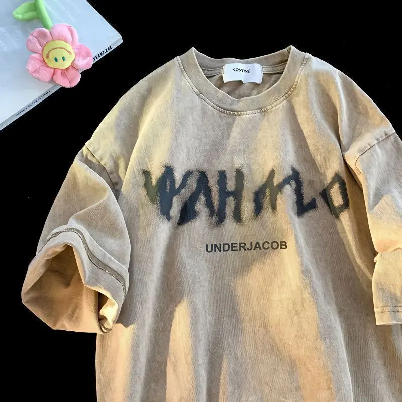 Áo Thun Heavy Washed, Phong Cách Âu Mỹ, Thiết Kế Làm Cũ ngắn Tay, Dành Cho Nam Và Nữ, Cổ Tròn Tuyệt Vời, Tay Lửng Thường Ngày Dáng Rộng Vừa Vặn, Phong Cách Cổ Điển Mỹ