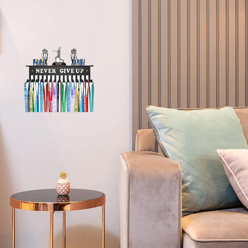 Product Introduction of Metal Medal Display Hook, 1 Count Never Give Up Letter Pattern Medal Hanger, Medal Storage Hook, Home Decor for Living Room Bedroom Study Room 6