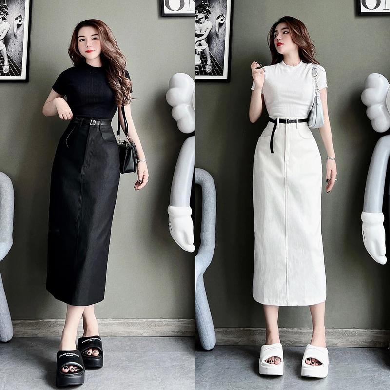  Set áo tăm chân váy kaki dài bút chì   kèm thắt lưng   đồ bộ nữ hot 