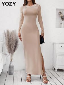 YOZY Women's Plain Ruched Split Thigh Bodycon Dress, Elegant Long Sleeve Round Neck Maxi Dress for Party Holiday Wedding Guest, Ladies Spring & Fall Clothes