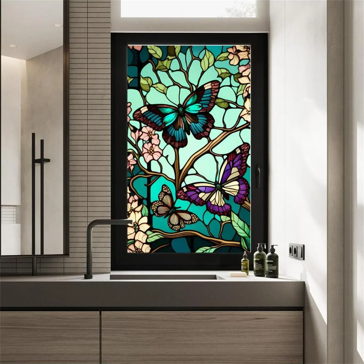 Butterflies Pattern Window Privacy Film, 1 Count Vintage Waterproof Removable Window Decorative Sticker, Window Decals for Home Living Room Bedroom, Home Ornaments