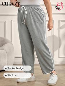 CURVZY Plus Size Contrast Binding Pocket Tie Front Pants, Casual Elastic Waist Trousers for Daily Wear, Women's Bottoms for All Seasons
