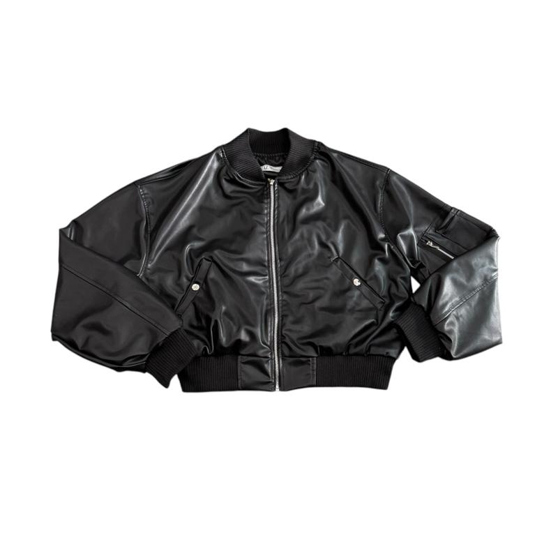 Freeship Áo Khoác Bomber Crop Da Màu Đen Có Túi Hộp 1 Bên Tay Nam Nữ
