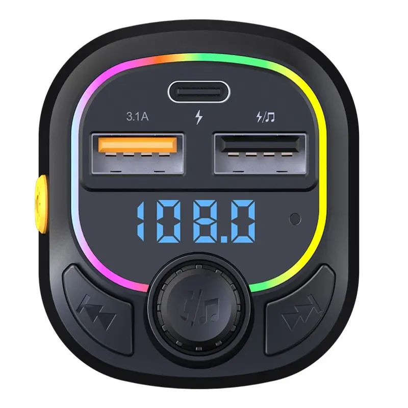 [OTTO]C28 Car Charger Mobil 3 Port Fast Charging USB Chargers FM & MP3 Bluetooth Transmitter Hitam Led Logam Ponsel Handphone Pengisi Wireless 3
