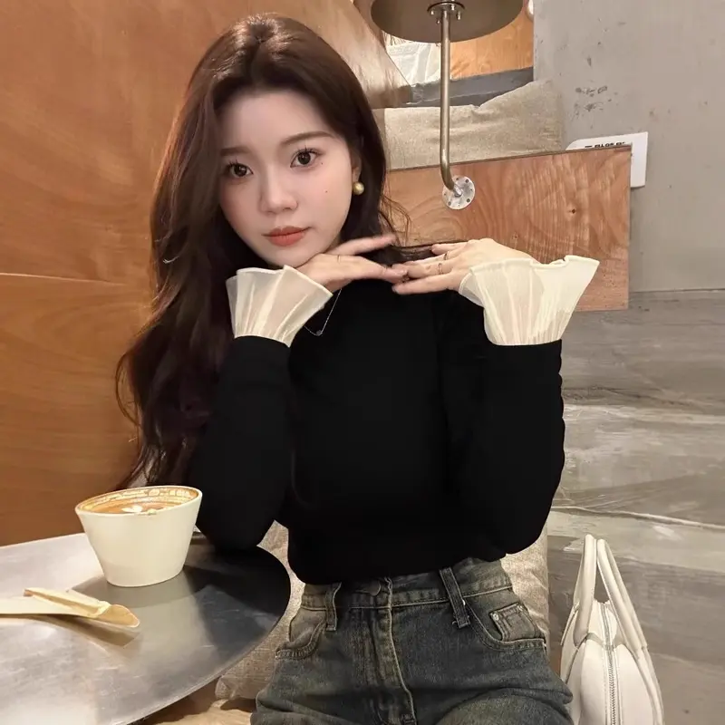 Super Sale! BF5-Z # 112A Áo Thun Đen, Hàng Mới Về, Có Tay Loe, Mềm Mại Và Co Giãn Top Nữ Women Sơ Mi Cổ Tròn Shirt 2