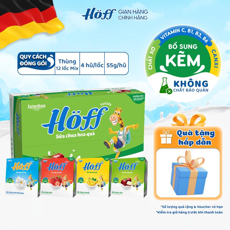 Thùng sữa chua Hoff mix 4 vị bổ sung canxi, vitamin B, kẽm và vitamin C, Men vi sinh giúp cải thiện hệ tiêu hóa cho bé - 12 LỐC (48 hôp)