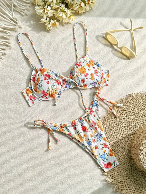 Women's Floral Print Ribbed Bikini Set, High Stretch Casual Fashion Spaghetti Strap Tie Front Backless Swim Top & Tie Side Swim Bottom Two-piece Swimsuit for Beach Holiday Vacation, Bikini Top Trunks 6