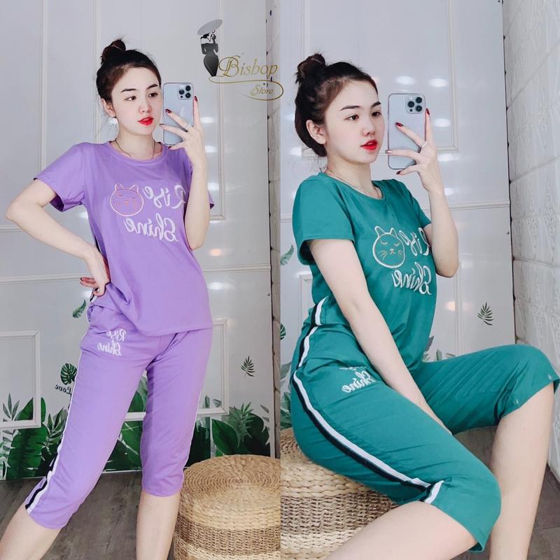 Đồ bộ nữ đồ bộ thun lửng thêu chữ Rise Shine (hình thêu con mèo) Top Áo Women