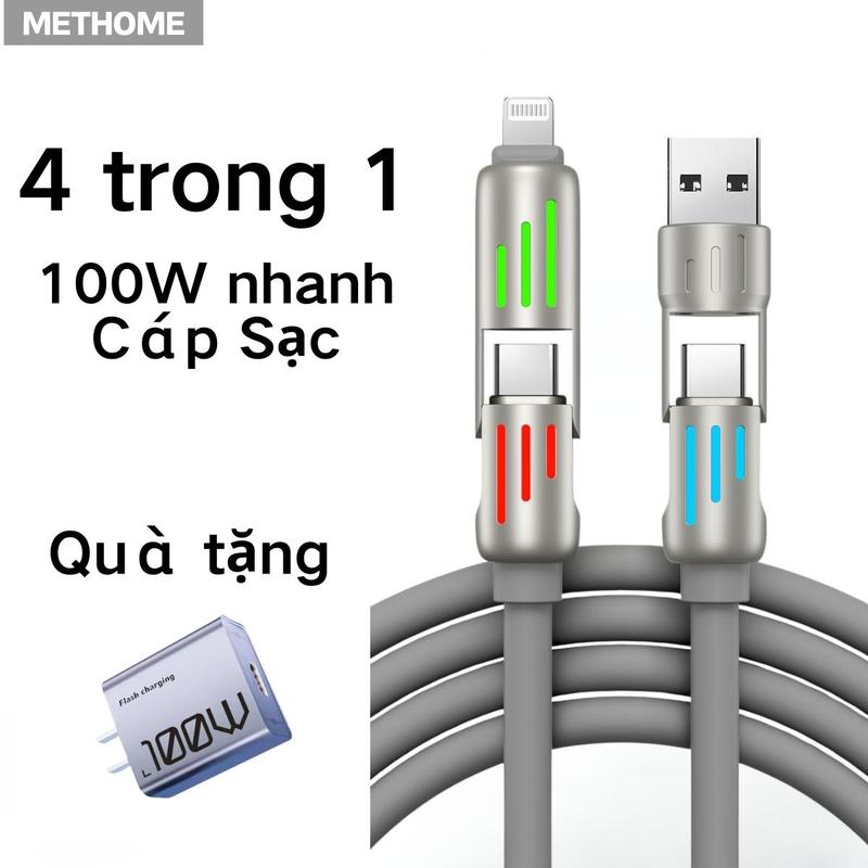 Đầu sạc 100W + Cáp sạc 4 trong 1, Đèn 7 màu, Cáp sạc nhanh loại C 100w, Đa chức năng, Sạc nhanh bốn trong một