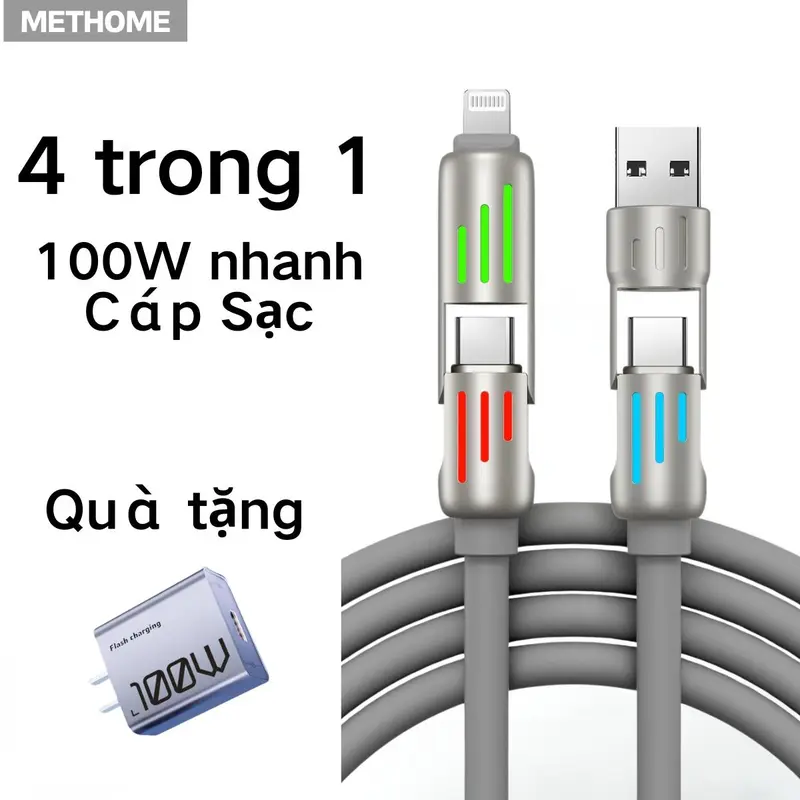 Đầu sạc 100W + Cáp sạc 4 trong 1, Đèn 7 màu, Cáp sạc nhanh loại C 100w, Đa chức năng, Sạc nhanh bốn trong một