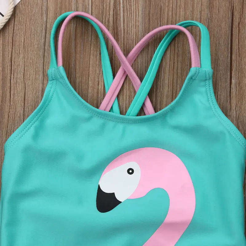 Đồ Tắm Cho Nhỏ Gái, Không Tay, Cổ Tròn, Áo Jumpsuit Quần Bơi Ôm Sát Đáy Tam Giác, Họa Tiết Hồng Hạc & Hoa, Thích Hợp Cho 6M-5Y 5