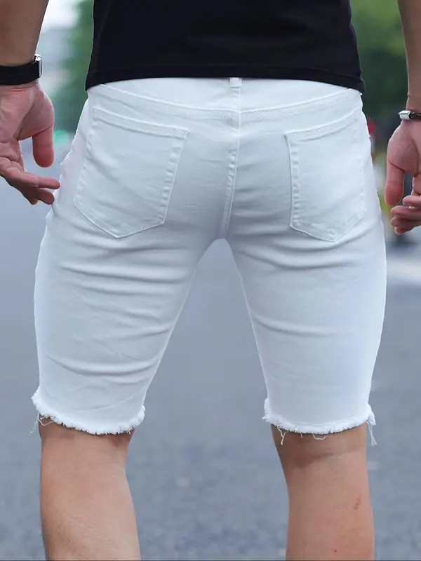 Men's American Retro Style Solid Color Distressed Ripped Denim Shorts, Street Fashion Casual Comfy Pocket Denim Shorts for Summer, Trendy Men's Bottoms for Daily Wear 1