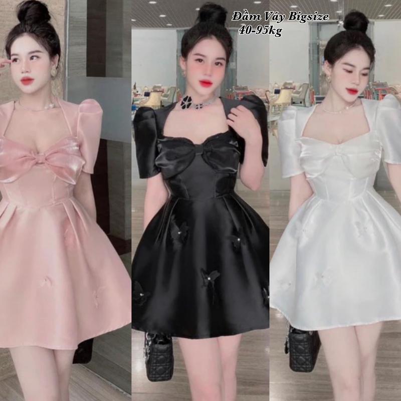 Thời Trang Bigsize - Đầm Váy Bigsize Đính Nơ Tay Bồng Thiết Kế Dự Tiệc Nữ Vải Tafta Vân Đá Cao Cấp Xinh Đẹp Sang Trọng Dễ Thương Giá Rẻ 40-95kg Tay Loe Dress Hồng Đầm Váy bigsize đi tiệc Women Nhung Tay Phồng - 2068