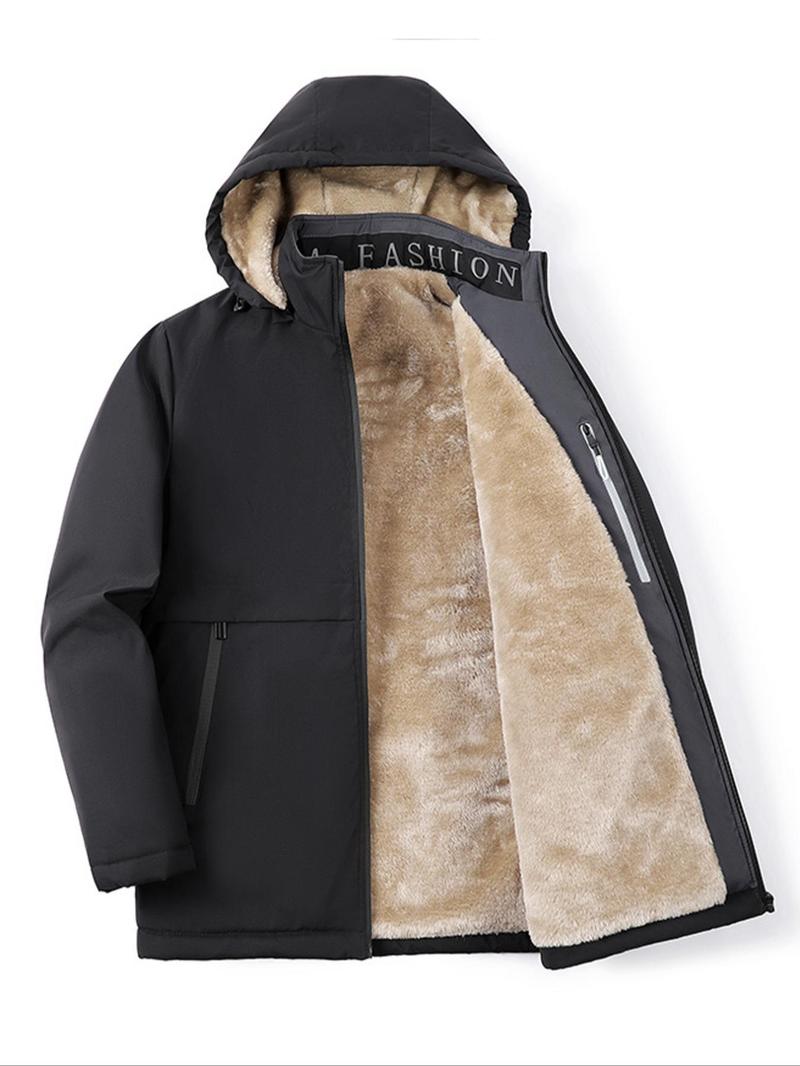 Product Introduction of Men's Solid Thermal Lined Zip Up Heated Jacket with Detachable Hood, Zipper Pockets Long Sleeve Coat Outerwear for Winter, Jackets for Men, Men's Clothing, Workwear Jacket Menswear Tops Underwear Hoodie Human Bestie Beige Casual Gamis 2