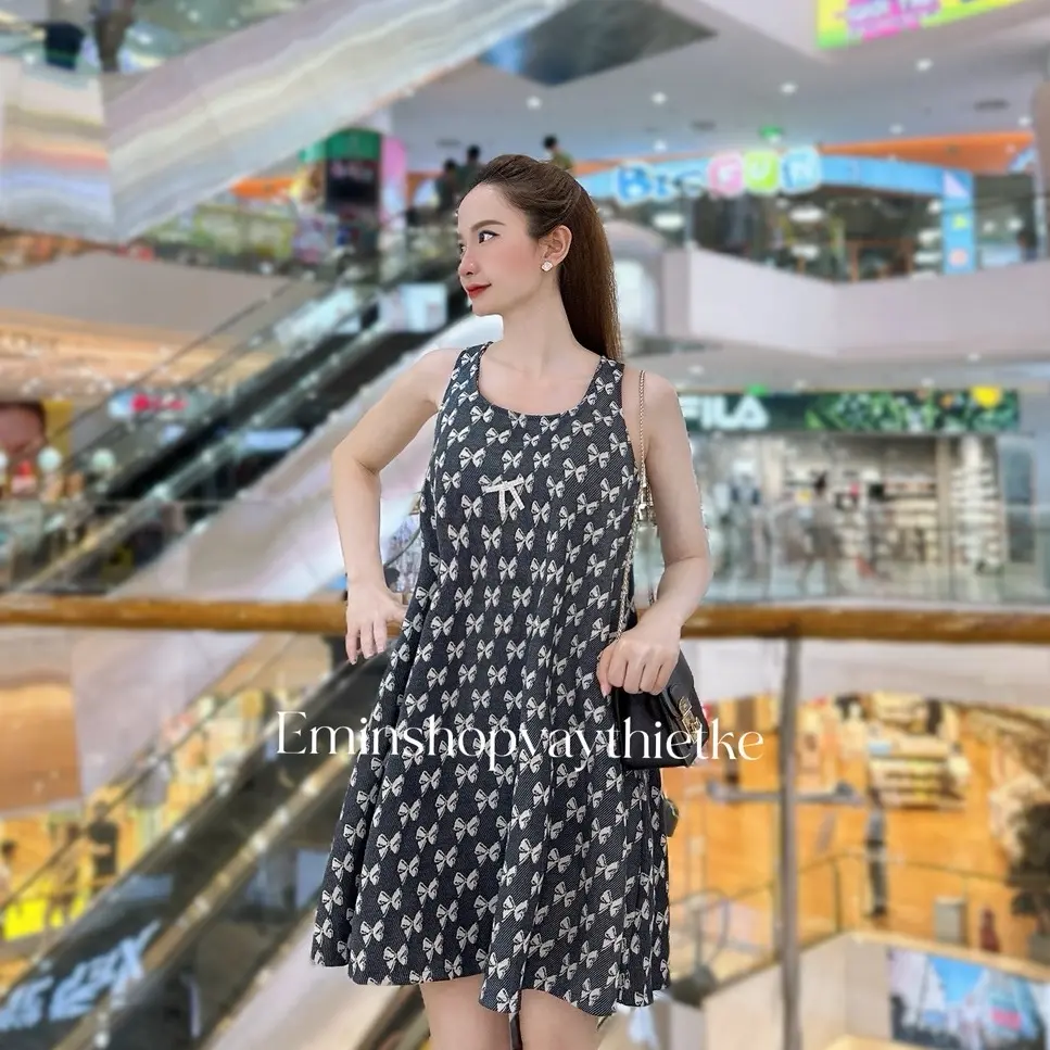 Váy bò nơ xinh kèm nơ đá mặc tiểu thư By Eminshopthietke