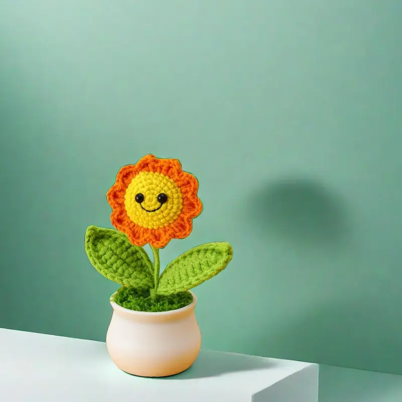 Sunflower Potted Plant, 1 Count Handmade Crochet Sunflower, Simulated Flower Potted Plant, Home Decor Supplies 3