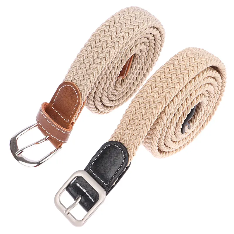 1Pc Fashion Belt Woven Canvas Belt Metal Buckle Men Women Elastic Braided Belt Punch Free