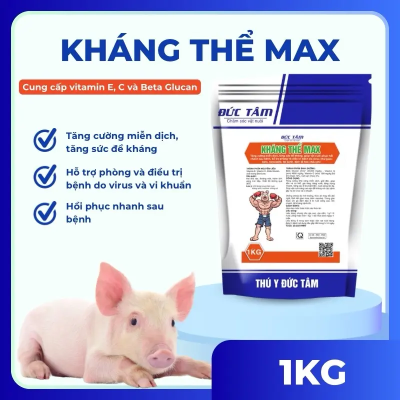 Kháng thể Max dạng khô gói 1kg Đức Tâm nâng cao đề kháng, kích thích sản sinh miễn dịch cho heo