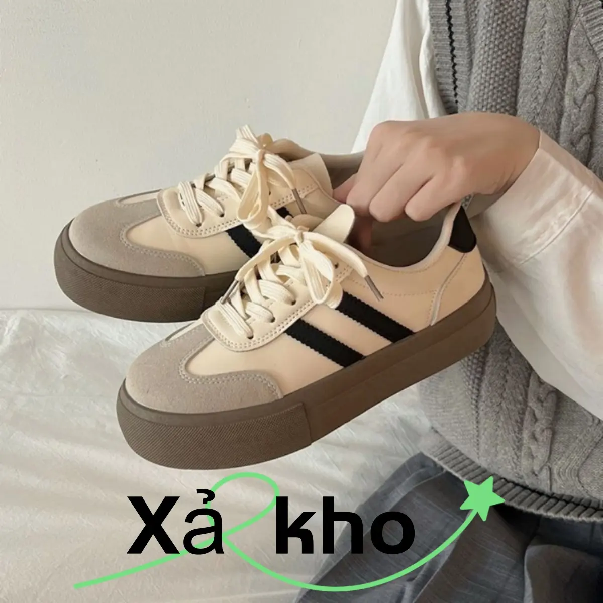 Giày vải retro đế bệt 2025 Phối màu be-nâu đối lập họa tiết sọc kẻ tôn dáng thiết kế đế dày thoáng khí đa năng công sở & dạo phố