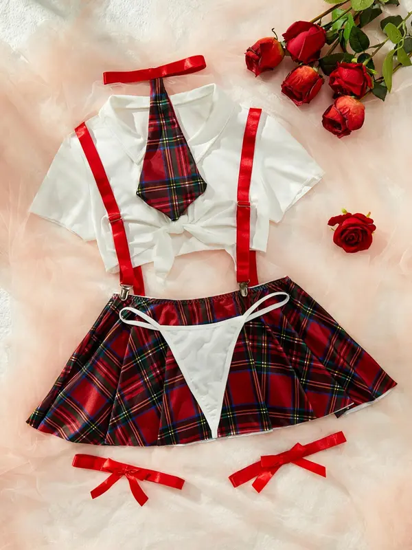 Women's Plain Knot Front Crop Top & Plaid Print Pleated Suspender Skirt & Thong & Tie & Bow Decor Thigh Band Set, Sexy Fit School Girl Adjustable Costume Set, Underwear Sets, Women's Lingerie & Underwear for All Seasons, Clothes, Womenswear, Cosplay 0