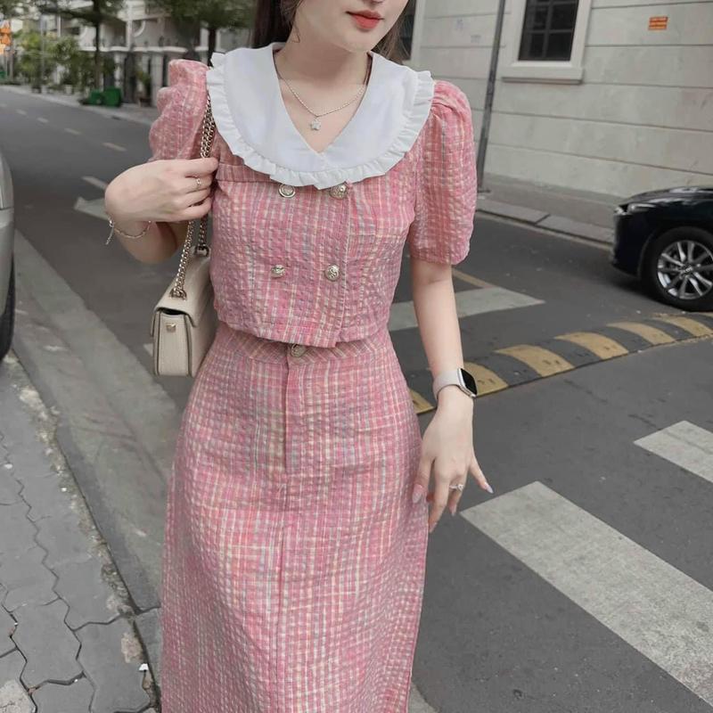 SET VÁY TIỂU THƯ ĐŨI CARO TAY BỒNG DÁNG DÀI 0