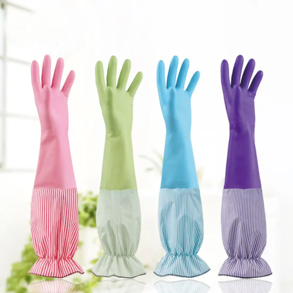 Găng tay rửa chén, tay áo dài bền, với họa tiết kẻ răng xù, găng tay làm sạch, cao su chống trượt và chống thấm nước, thích hợp cho công việc dọn dẹp gia đình