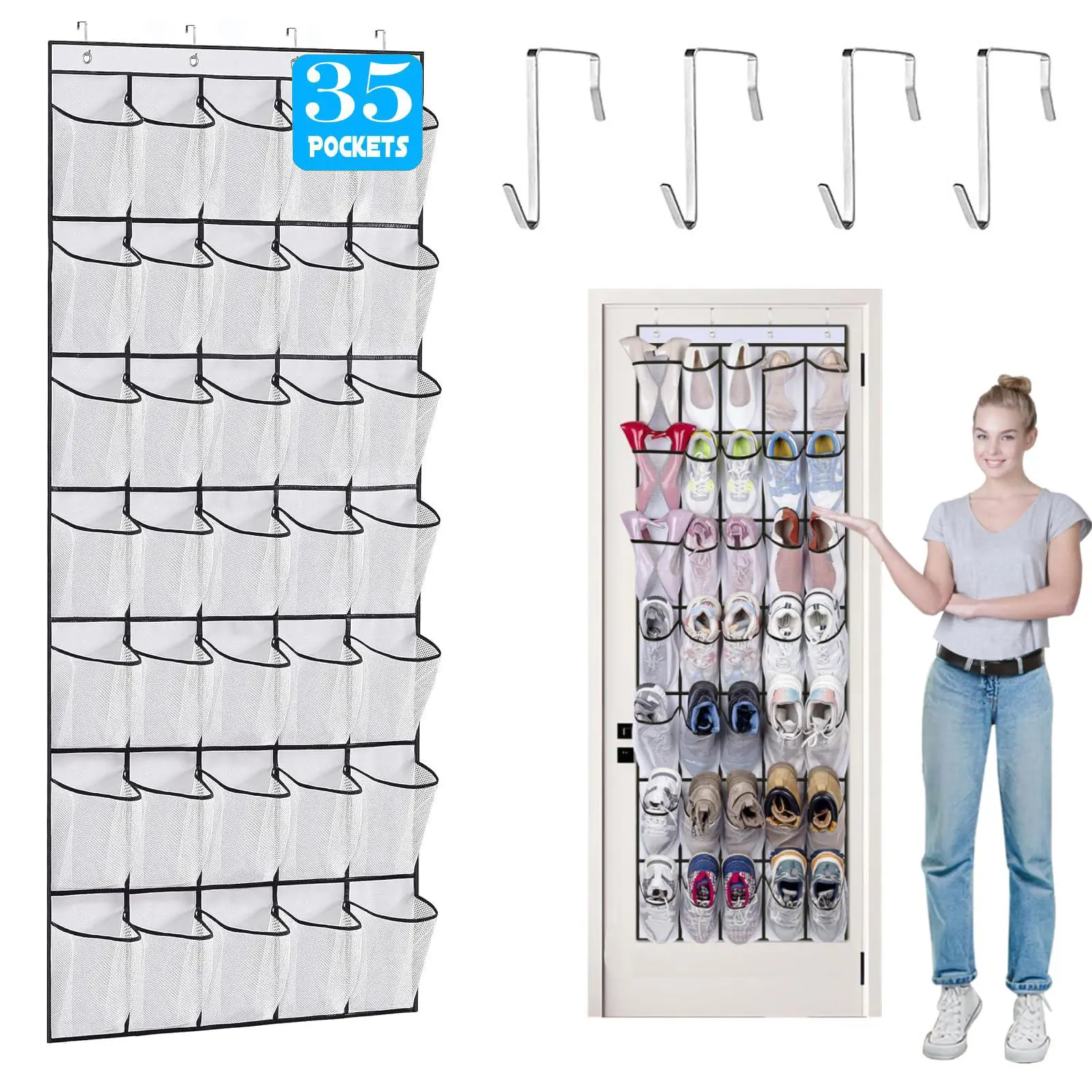 Shoe Storage Bag, Large Capacity Door Back Shoe Storage Hanging Bag with Hooks, Clear Mesh Shoe Organizer for Home Dormitory Hotel Salon