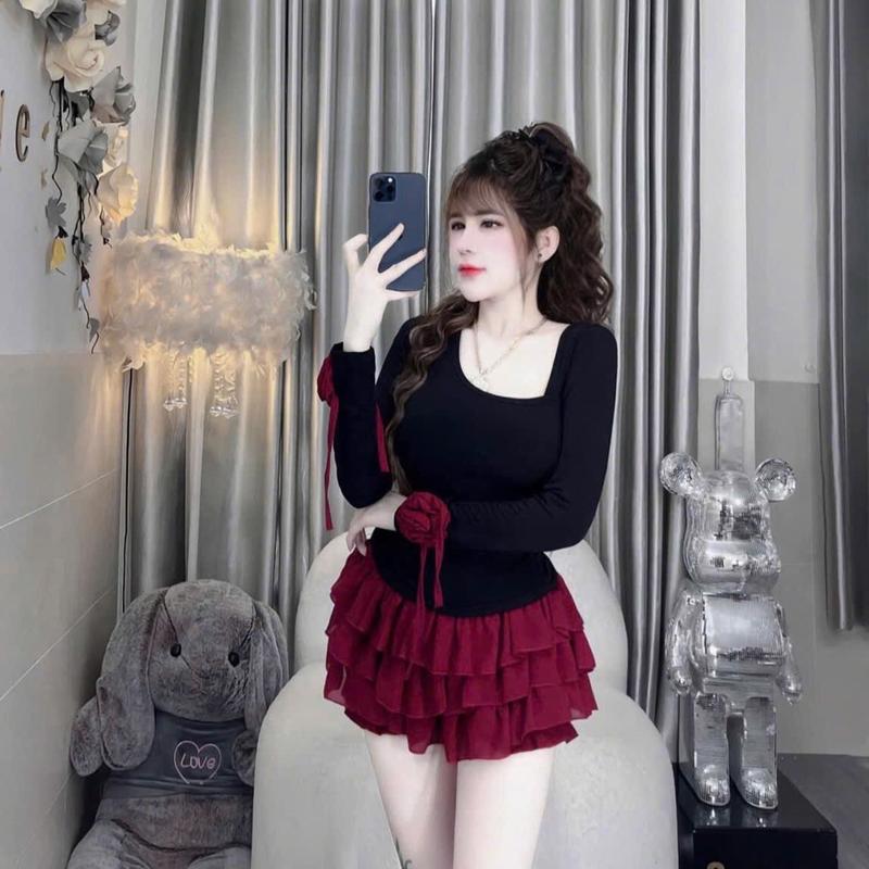 Set áo tay dài đính hoa cổ lệch kèm chân váy CHẤT THUN LADONG L1105 4