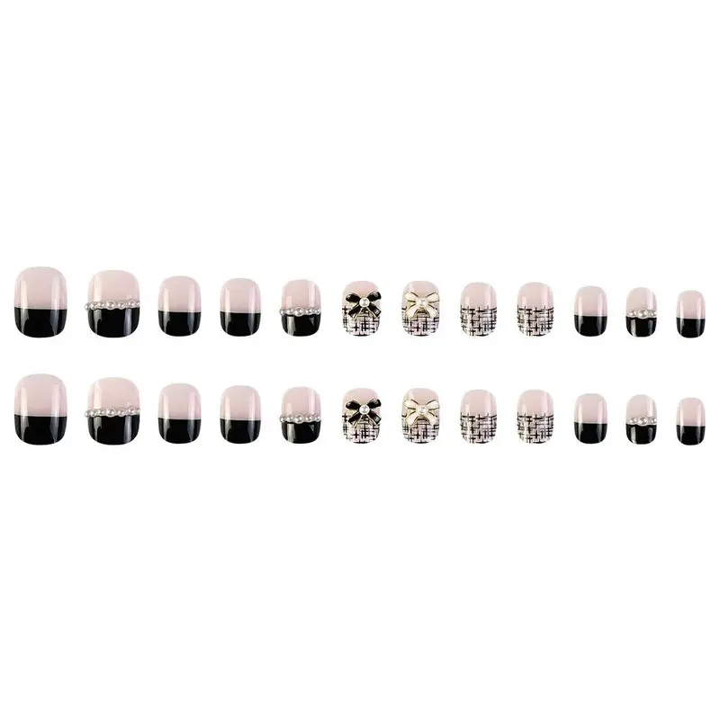 24pcs 3D Bow Decor Fake Nails & 1 Sheet Tape & 1 Count Nail File & 1 Count Stick, Faux Pearl Decor Press On Nails For Women & Girls DIY Nail Art, Elegant Stick On Nails Kit 5