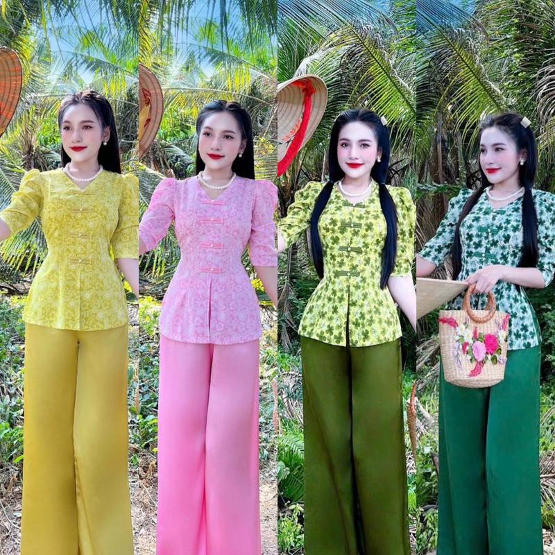 Bộ bà ba áo và quần dành cho nữ cổ tim, tay lỡ, phồng vai, áo lụa hoa, quần satin màu/ Set đồ Lam đi chùa cổ tim hot trend có 6 size