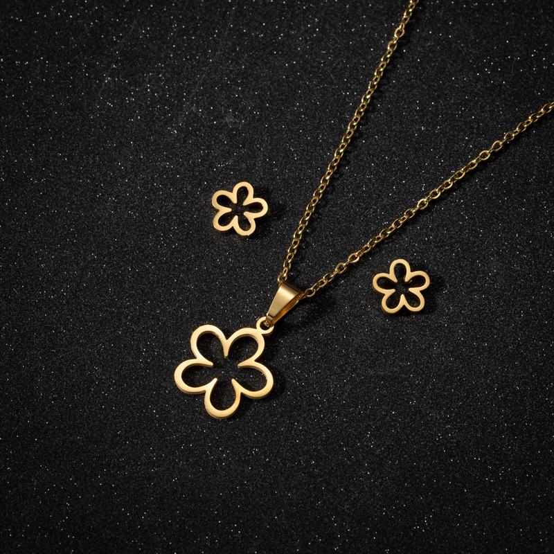 Product Introduction of Ins Style New 18K Gold Plated Stainless Steel Hollow Flower Earrings Korean and Japanese Niche Pendant Necklace Two-Piece Set 1