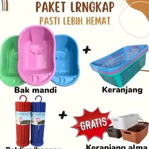 bayi cod super lengkap bak mandi bayi(polin)+hanger bulat+keranjang baju bayi+gratis keranjang almamini hemat dan murah plastik premium duduk