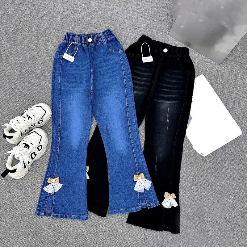 Quần jean bé gái ống loe Đính Nơ Tim Ren trendy 2025 size từ 18kg - 40kg quần ống loe cho 2k11 vừa bò sành điệu kaki creeper pants