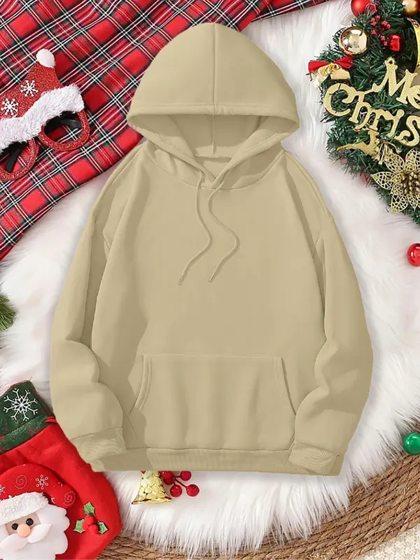 Women's Christmas Tree & Book Print Drop Shoulder Hoodie, Fashion Casual Drawstring Pocket Hooded Sweatshirt for Daily Holiday Outdoor Wear, Women Clothing for Fall & Winter 1