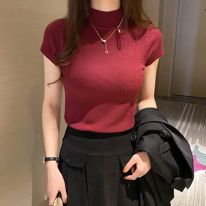 Áo Lớp Cơ Sở Cổ Lọ Nửa, Áo Len Nữ Tay Lửng Có Thể Mặc Bên Trong Áo Len, Áo Ngắn Mỏng, Hàng Mới Về Mùa Xuân Hè 2024
