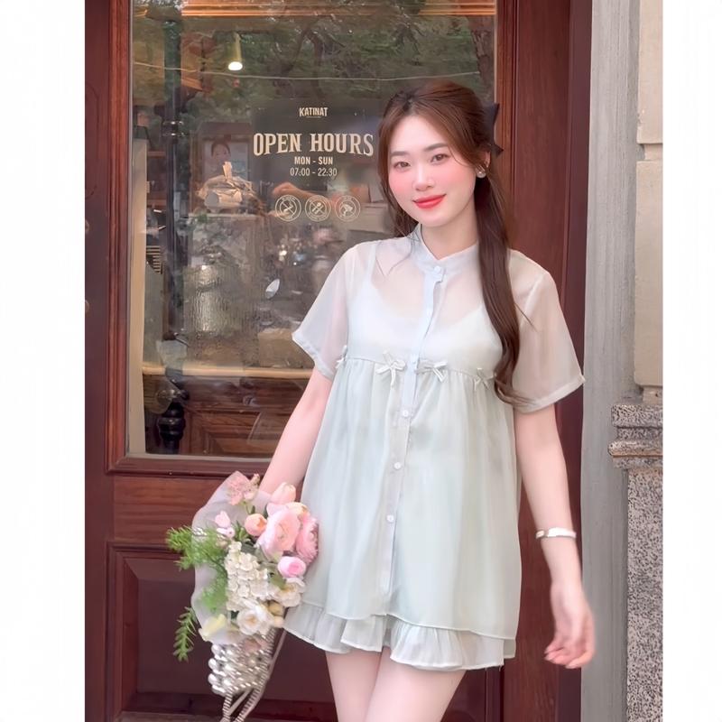  Meliset Set áo chất tơ Hàn cổ tàu kèm chân váy xoè đuôi cá phong cách tiểu thư Hàn Quốc dilyshop Top 