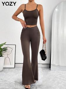 YOZY Solid Crop Cami Top & Cross Waist Ruched Pants Set, Elegant Fashion Casual Spaghetti Strap Crop Top & High Waist Flare Leg Trousers, Women's Summer Set for Daily Outdoor Wear