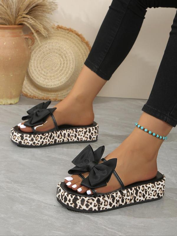 Women's Fashionable Leopard Print Bowknot Design Slides, Summer Sandals, Casual Comfortable Platform Slippers for Summer, Female All-match Round Toe Slippers for Daily Wear, Sandals Heels Walking Shoes 1