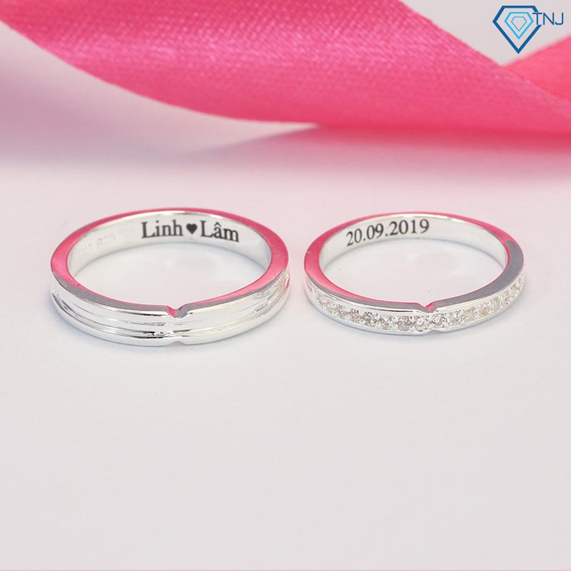 Nhẫn đôi bạc nam nữ đính đá khắc tên theo yêu cầu ND0398