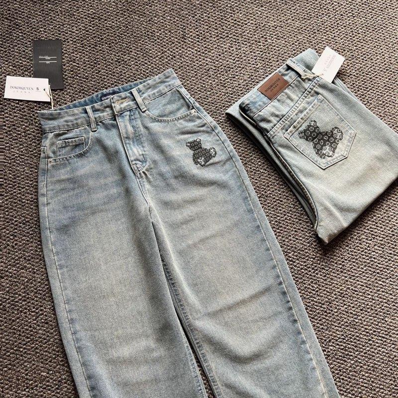 Quần jeans nữ ống suông phối in gấu kiểu hoa Q1467 dài 105cm