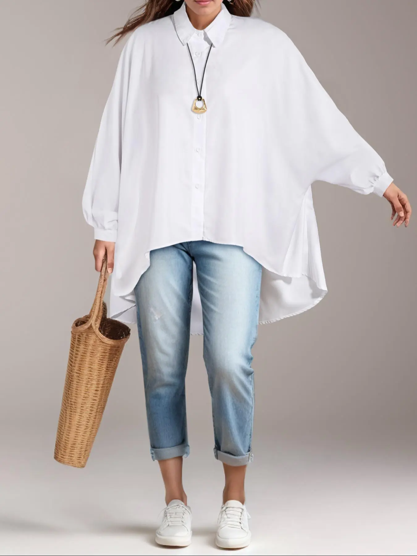 Women's Plain Asymmetrical Hem Batwing Sleeve Shirt, Casual Long Sleeve Button Front Top for Fall & Winter, Women's Clothing for Daily Wear