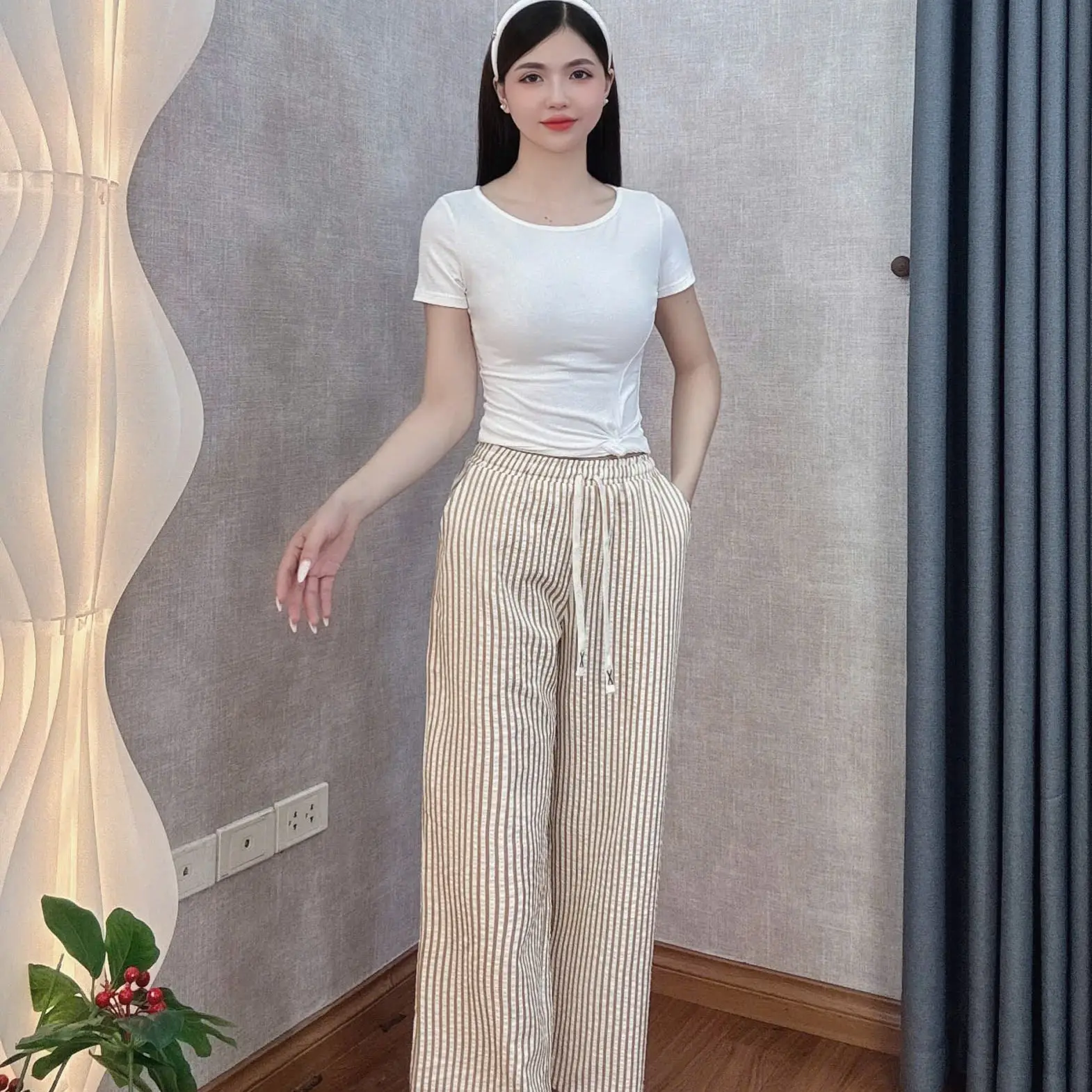 Quần nữ dài dáng xuông thô cotton màu nâu Q4 - Women