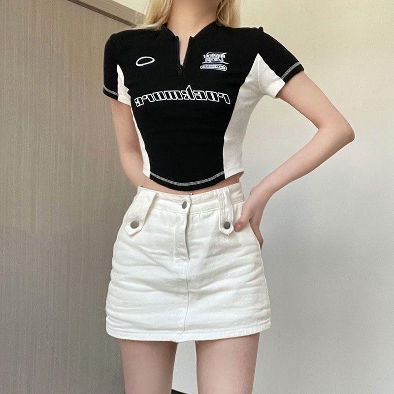 Product Introduction of y2k New American Style Pull Cool Mechanical Style Stitching Contrast Color Short Sleeve Zipper T-shirt Street Hot Girl Personalized and Slim-Looking Short Top 5