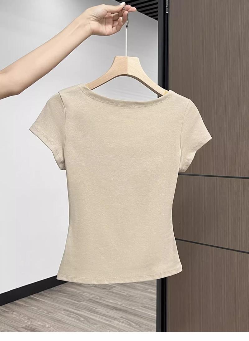 Product Introduction of Áo thun ngắn tay kiểu dáng cổ điển kiểu Mỹ mùa hè dành cho nữ, dáng ôm, kiểu dáng ngắn, lộ xương quai xanh, hot girl cổ chữ U to trong sáng 3