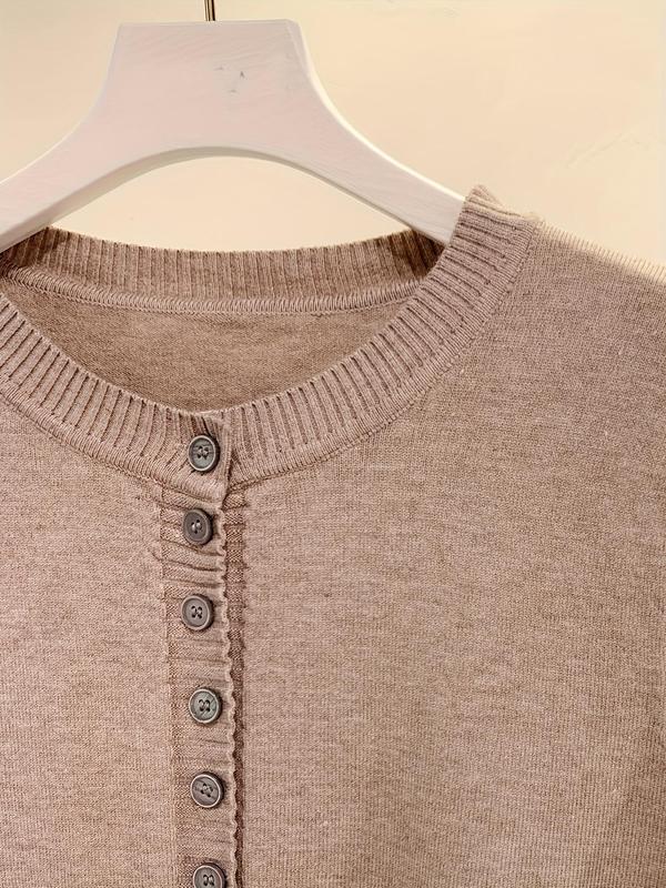 Women's Plain Button Front Split Hem Cardigan, Casual Long Sleeve Round Neck Knitwear for Spring & Fall, Fashion Women's Knit Clothing for Daily Wear 2