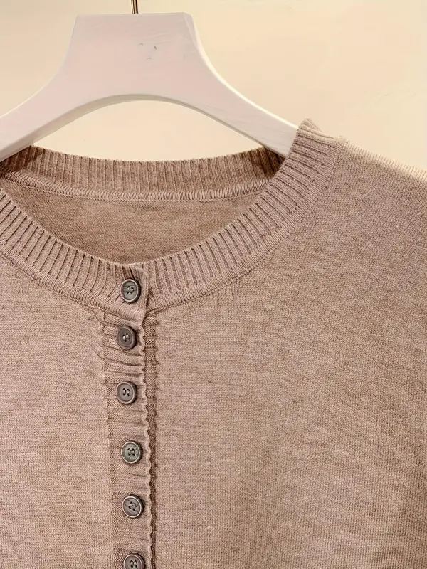 Women's Plain Button Front Split Hem Cardigan, Casual Long Sleeve Round Neck Knitwear for Spring & Fall, Fashion Women's Knit Clothing for Daily Wear 2